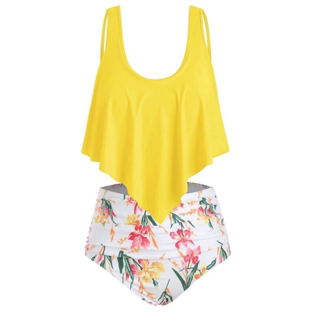 NEW Yellow/White Floral Ruched High Waist 2 Piece Swimsuit